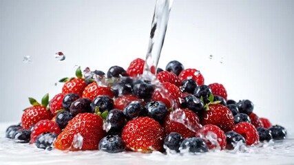 A vibrant pile of fresh mixed berries getting a refreshing water splash in slow motion. - Powered by Adobe