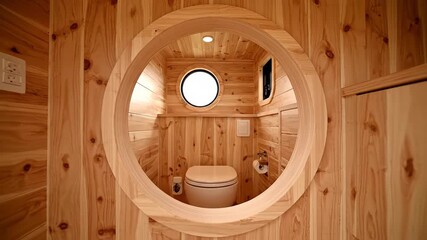 Contemporary tiny house bathroom interior with natural wood paneling and a distinctive circular doorway. Embracing a compact living ethos with a touch of minimalist elegance