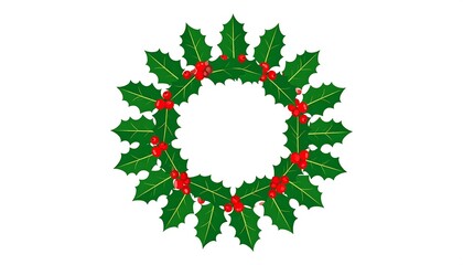 Circular holly wreath with red berries on white background, festive and decorative
