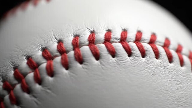 Close up shot of a traditional white leather baseball adorned with red stitching. The ball is gently spinning, highlighting the intricate texture and detail of the seams
