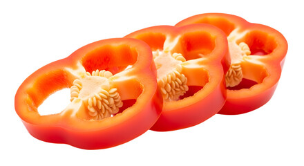 Three sliced orange bell peppers isolated on transparent background