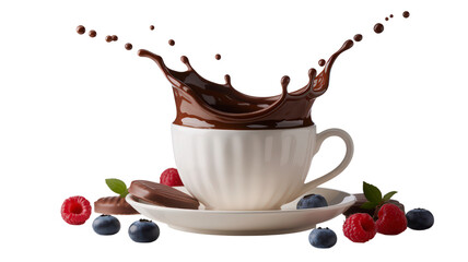 Chocolate Splash in White Cup with Berries Still Life Arrangement Isolated on Transparent Background for Food and Beverage Product Presentation Graphic Resource