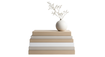 Stack of neutral colored books with a white vase and dried plant isolated on transparent background