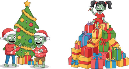 Cute cartoon zombie kids celebrating Christmas with tree and sitting on gift pile for spooky holiday vector illustration.