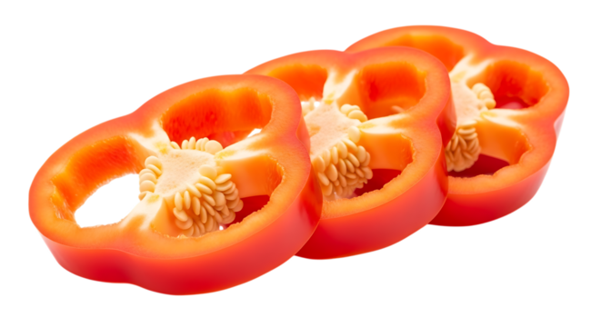 Three sliced orange bell peppers isolated on transparent background