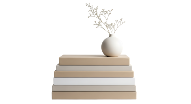 Stack of neutral colored books with a white vase and dried plant isolated on transparent background