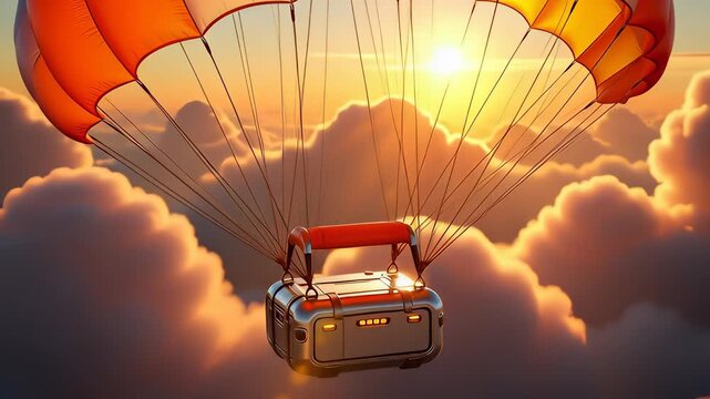 Orange parachute carrying a metallic supply crate descending through dramatic sunset clouds in a cinematic 3D animation, illustrating airdrop logistics.