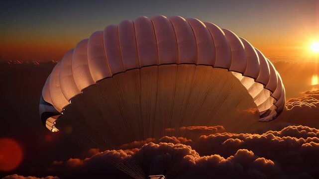 White parachute canopy deploying against a golden sunset sky with clouds in a cinematic 3D animation, illustrating safety and freedom concepts