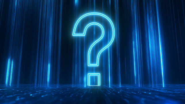 Glowing Blue Question Mark with Digital Light Rays