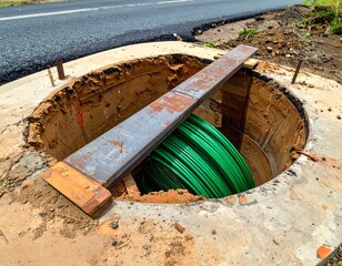 Circular hole in pavement reveals bundled green cables inside, capped with a plank