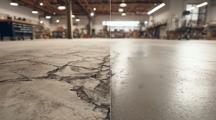 Obraz premium Concrete floor showing cracked, deteriorated surface on the left and smooth, repaired surface on the right illustrating concrete repair before after in an industrial interior.