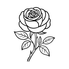 Simple outline drawing of a beautiful rose with leaves