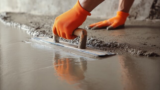 Worker leveling wet concrete floor with trowel and wearing orange glove, symbolizing concrete leveling floor repair and surface finishing.