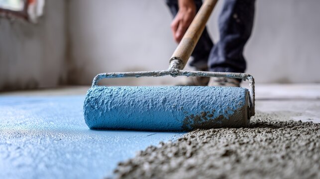 Worker applying blue hydro insulation layer on floor with roller next to wet screed, indicating water insulation and moisture barrier installation.