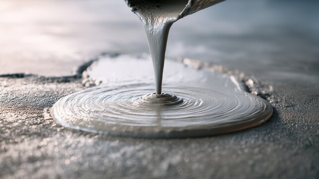 Pouring cement patch into floor crack for concrete repair, showing trowel swirl and wet mortar application (concept, surface restoration).