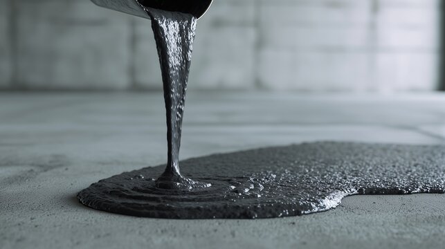 Worker pours epoxy patch into concrete floor crack, showing repair material and wet finish for floor crack restoration.