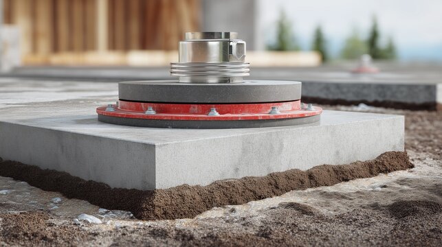 Concrete slab on adjustable jack for slab repair and leveling, showing foundation edge, soil, and lifting hardware.