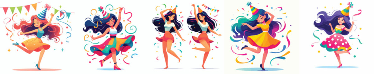vector happy woman dancing celebrating new year