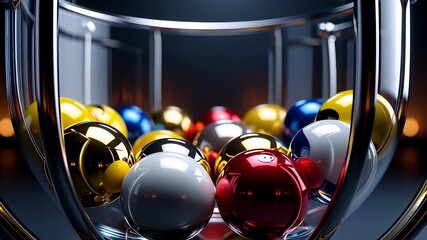 Cinematic 3D animation of colorful metallic spheres inside a glass lottery drum, representing gambling luck and raffle concepts