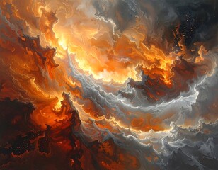 Ethereal clouds swirling with fiery orange and cool grays, an abstract heavenly sky