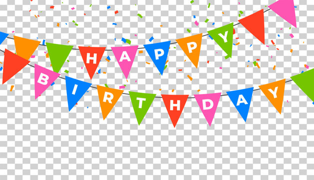 Bright happy birthday bunting banner with scattered confetti