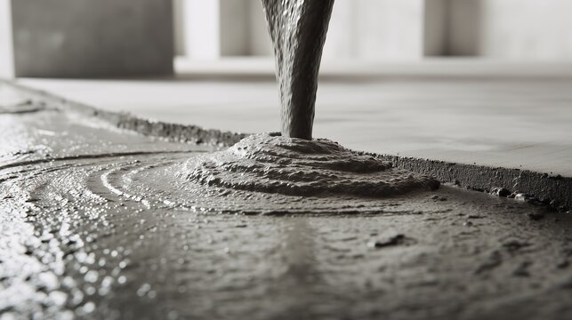 Wet self-leveling concrete being poured and flowing to form a smooth floor surface in an indoor space.