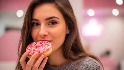 Young woman with long brown hair eating a pink frosted donut food sweet