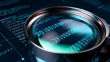 Magnifying glass analyzing glowing blue binary code data in a cinematic 3D visualization, illustrating digital forensic investigation and cybersecurity auditing concepts - Powered by Adobe