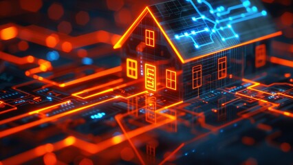 Digital Home Concept: A stylized digital house is illuminated with glowing circuits against a backdrop of complex circuitry, it symbolizes the future of smart home technology. 