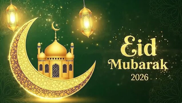 A festive eid mubarak 2026 greeting card featuring a golden mosque on a crescent moon, glowing lanterns, and sparkling elements on a rich green background with subtle patterns