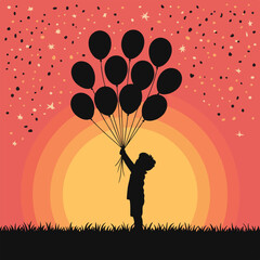Child silhouette holding balloons against a colorful sunset sky