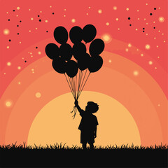Child silhouette holding balloons in front of a glowing sunset
