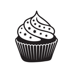 Simple black and white cupcake illustration with star sprinkles