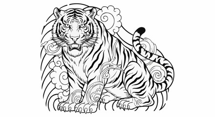 Detailed Line Art of a Majestic Tiger Illustration.