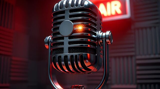 Classic metal microphone standing in a dark soundproof studio illuminated by a bright red neon on air sign in a cinematic 3D style, ideal for podcasting and radio broadcasting backgrounds.