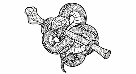 Intricate Line Art Illustration of a Serpent Coiled Around a Wooden Staff.
