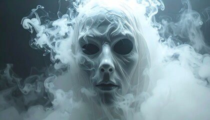 Ethereal face enveloped in white smoke, creating a surreal and mysterious portrait against a dark backdrop