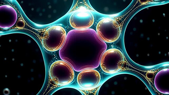 Abstract neural network with glowing cyan and gold cells connecting in a cinematic 3D macro animation, illustrating medical biology concepts