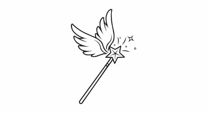 Magical Wand with Wings and Sparkling Star Outline Drawing.
