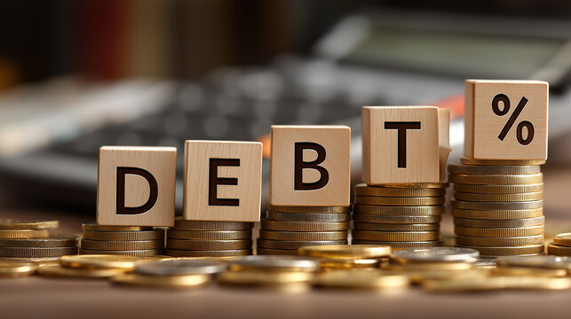 DEBT Blocks on Stacks of Coins with Percentage Symbol