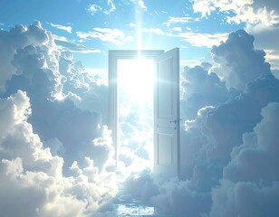 Ethereal doorway image An open white door, framed by puffy clouds, leads to a bright, radiant light source