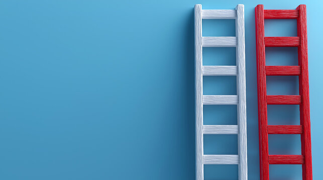 White and Red Ladders Against a Blue Wall with Copy Space