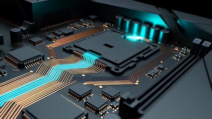 Glowing cyan electric current flowing through copper circuit traces on a dark motherboard in a cinematic 3D animation, illustrating high-speed technology and data processing concepts. - Powered by Adobe