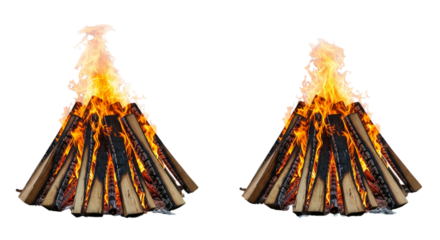 Two burning campfires or bonfires isolated on transparent background