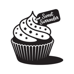 A black and white illustration of a cupcake with swirling frosting and a tag that reads 'Sweet Surrender'.