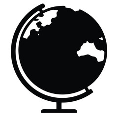 Black and white illustration of a globe on a stand against white backdrop