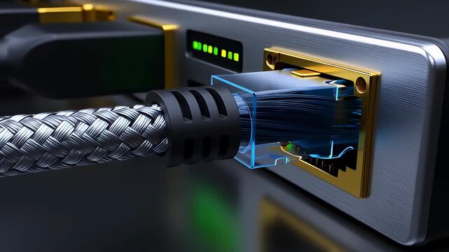 Macro view of a braided Ethernet cable plugged into a gold server port with glowing blue data streams inside a transparent RJ45 connector, visualizing high-speed internet connectivity in 3D animation.