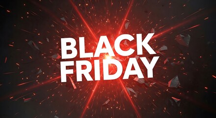 Dramatic Black Friday sales event banner featuring shattering white text against a vibrant red light burst on a dark, abstract background, signaling massive discounts and explosive deals