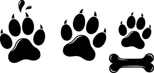 Animal paw prints and bone icon set for pet care, wildlife tracking, dog training, veterinary, and playful design themes.