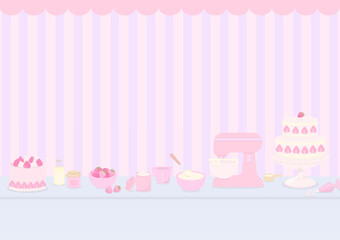 Strawberry cake and ingredients on striped background